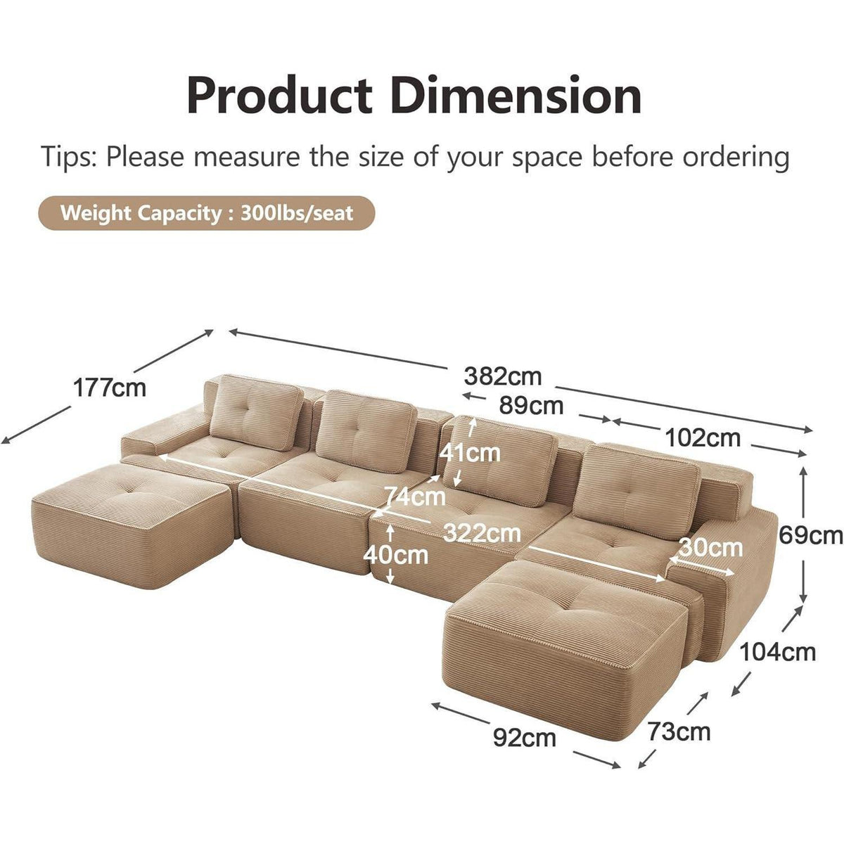Modulares Cord Sofa 4-Sitzer mit Hockern – Beige Tiefsitz Eckcouch