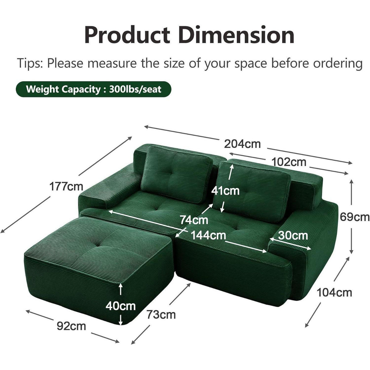 Modularer 2-Sitzer Cord-Sofa mit Hocker – Tiefsitz & Flexibel