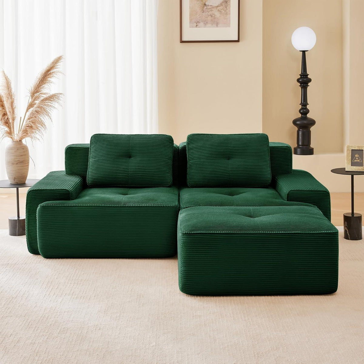 Modularer 2-Sitzer Cord-Sofa mit Hocker – Tiefsitz & Flexibel