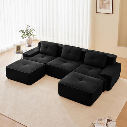 Modularer 2-Sitzer Cord-Sofa mit Hockern – Tiefsitz & Flexibel