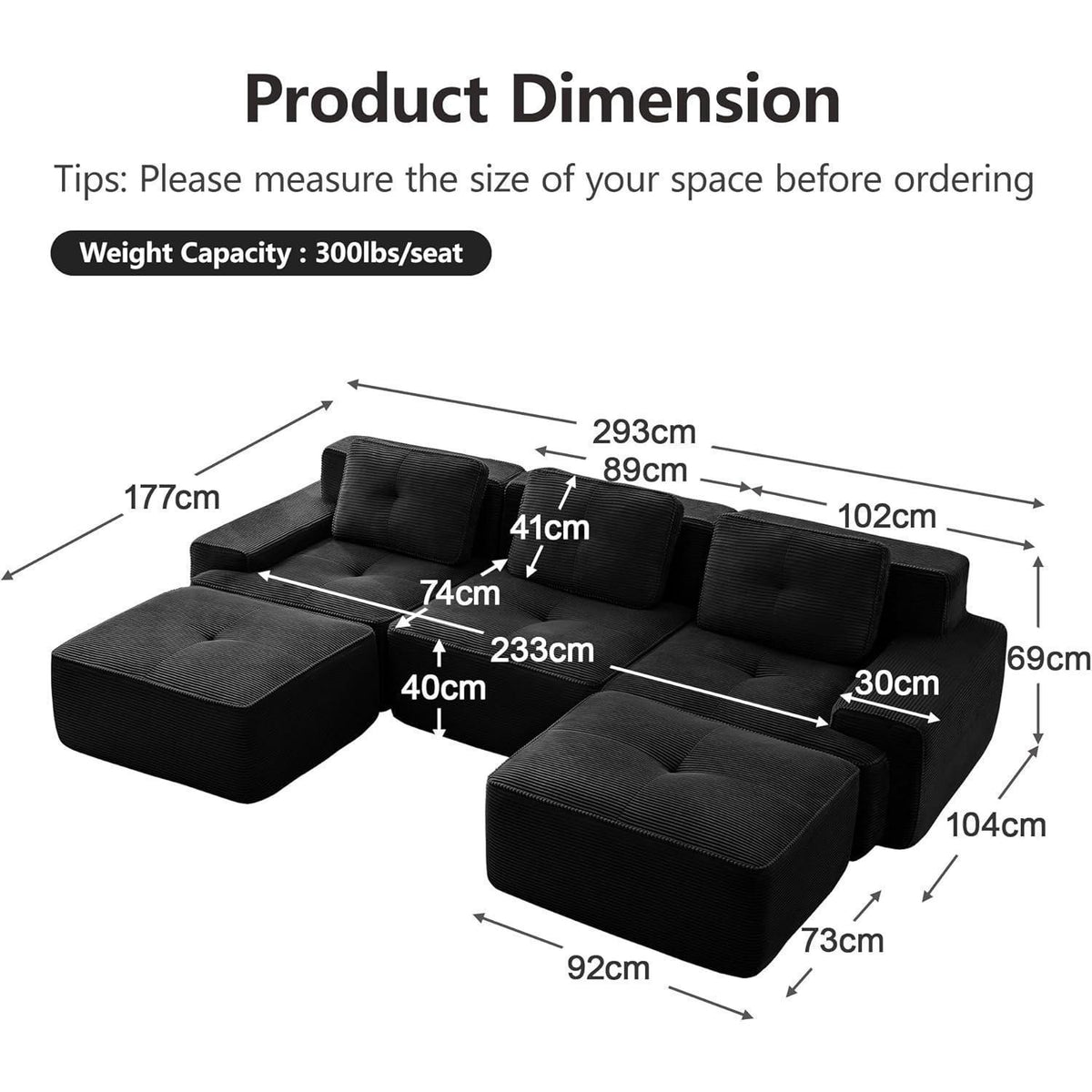 Modularer 2-Sitzer Cord-Sofa mit Hockern – Tiefsitz & Flexibel
