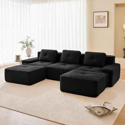 Modularer 2-Sitzer Cord-Sofa mit Hockern – Tiefsitz & Flexibel