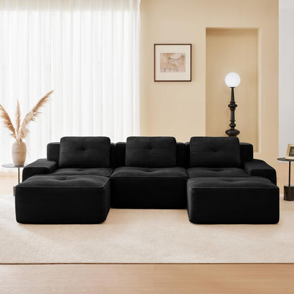 Modularer 2-Sitzer Cord-Sofa mit Hockern – Tiefsitz & Flexibel