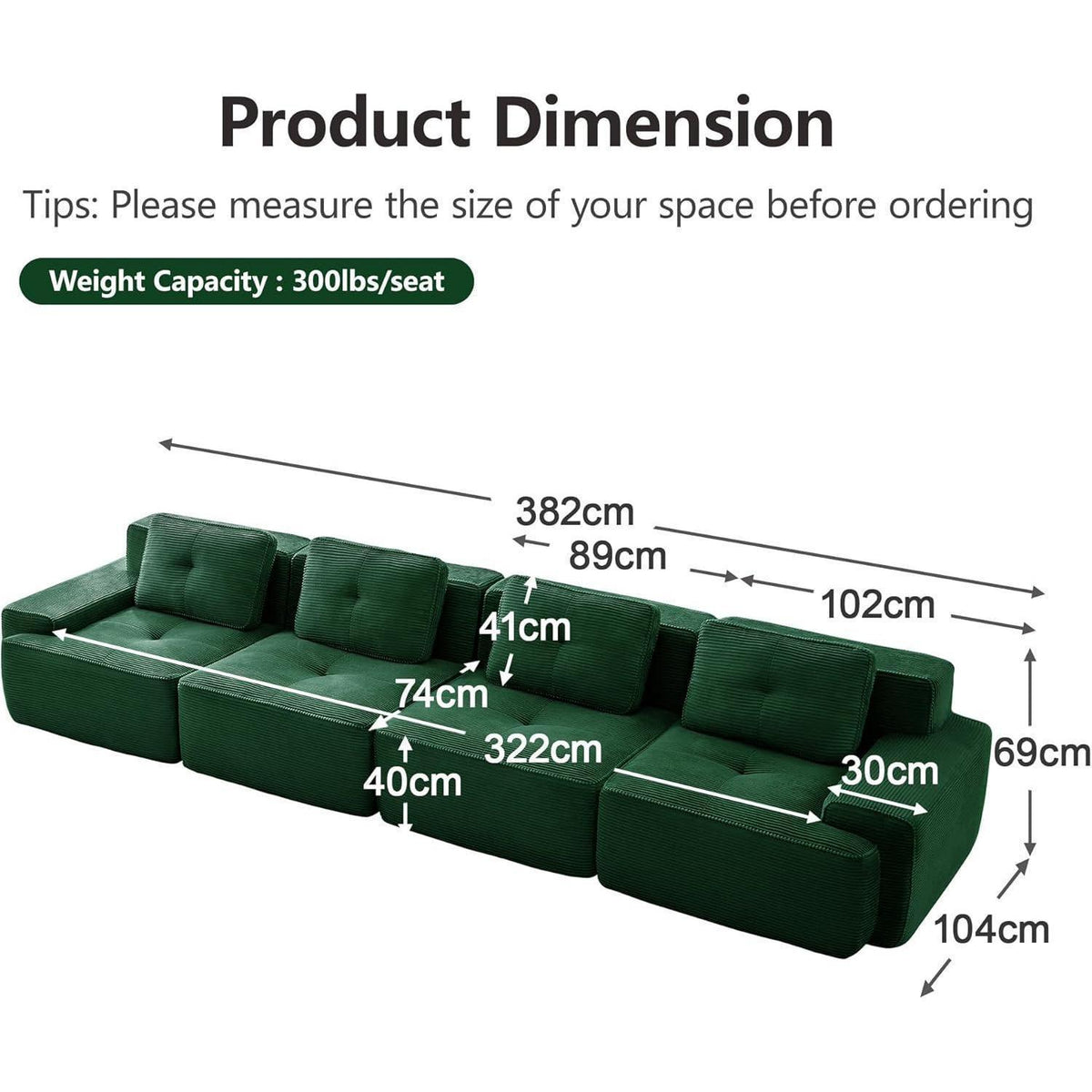 Modularer 4-Sitzer Cord-Sofa | Tiefsitz, Grün