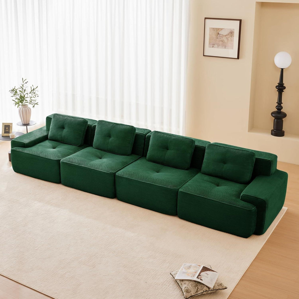 Modularer 4-Sitzer Cord-Sofa | Tiefsitz, Grün