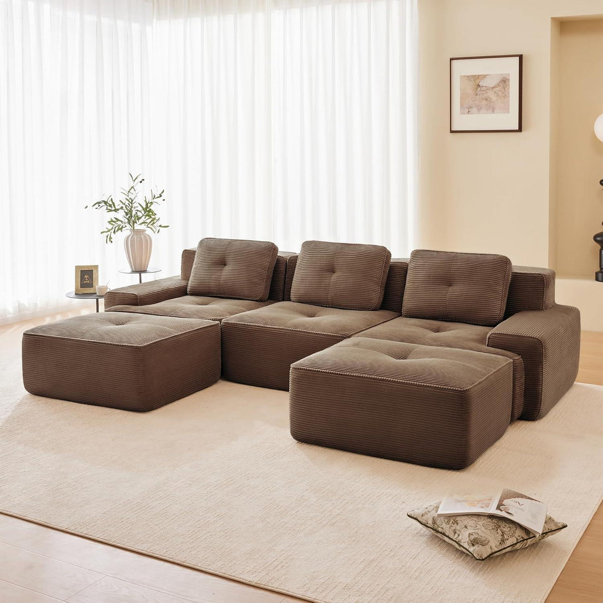 Modularer 2-Sitzer Cord Sofa mit Hockern – Tiefsitz & Flexibel