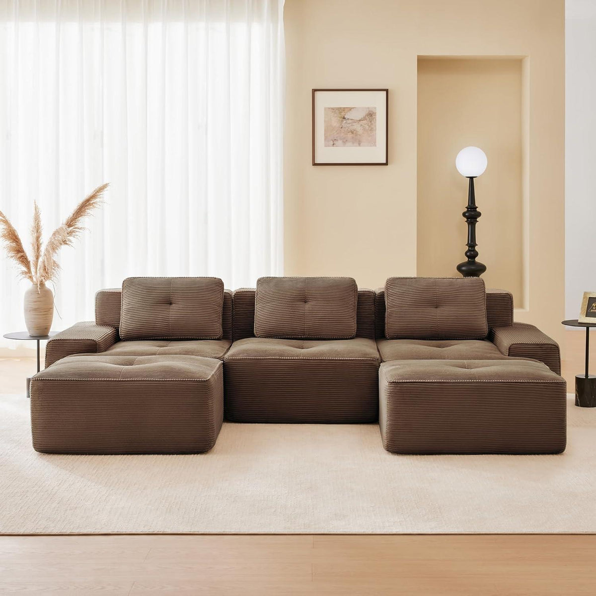 Modularer 2-Sitzer Cord Sofa mit Hockern – Tiefsitz & Flexibel