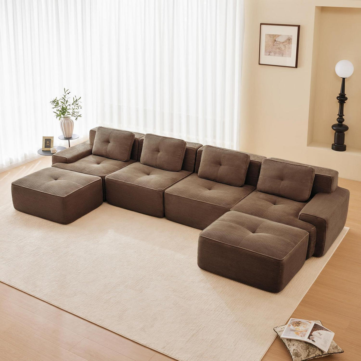 Modularer Cord-Ecksofa 4-Sitzer mit Hockern & Tiefsitz