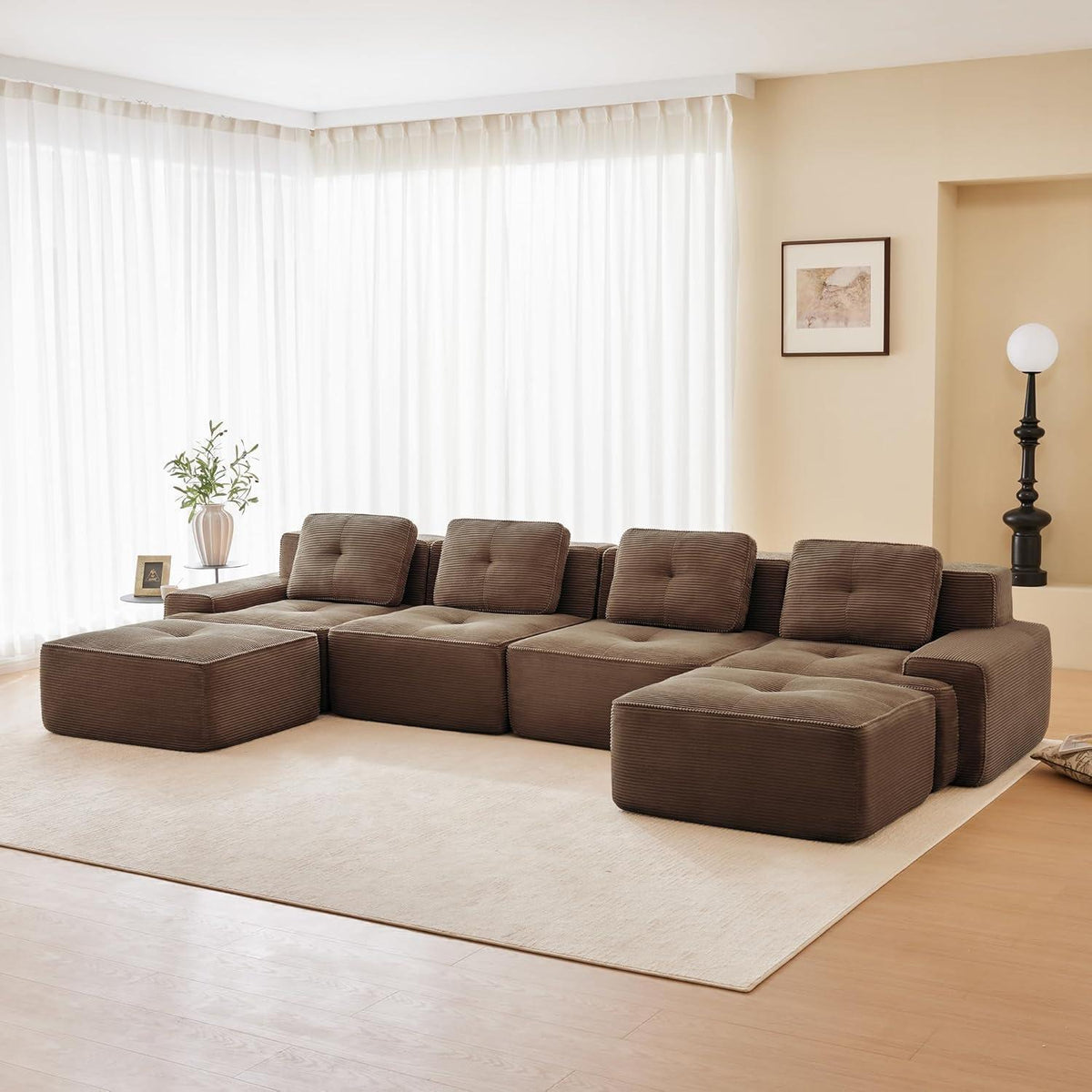 Modularer Cord-Ecksofa 4-Sitzer mit Hockern & Tiefsitz