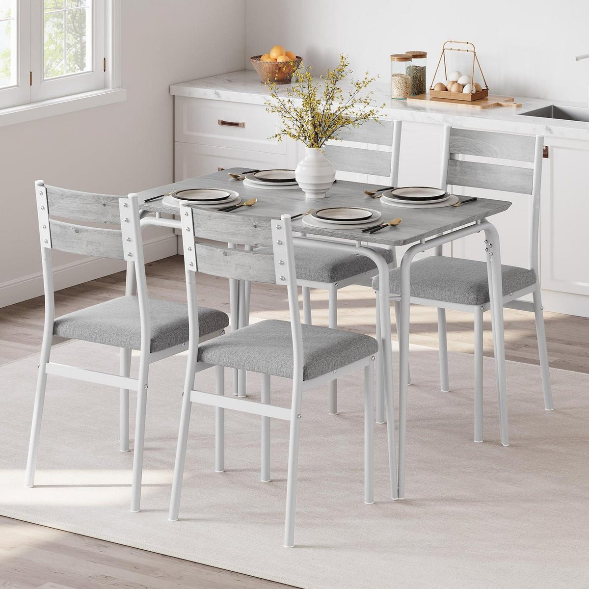 Esszimmer Set Grau-Weiß: Tisch + 4 Stühle für Küche & Wohnzimmer