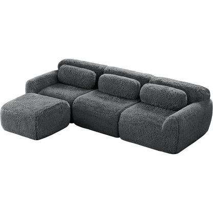 Modulares L-Form Sofa mit Hocker | Grau, Plüsch, Kein Aufbau