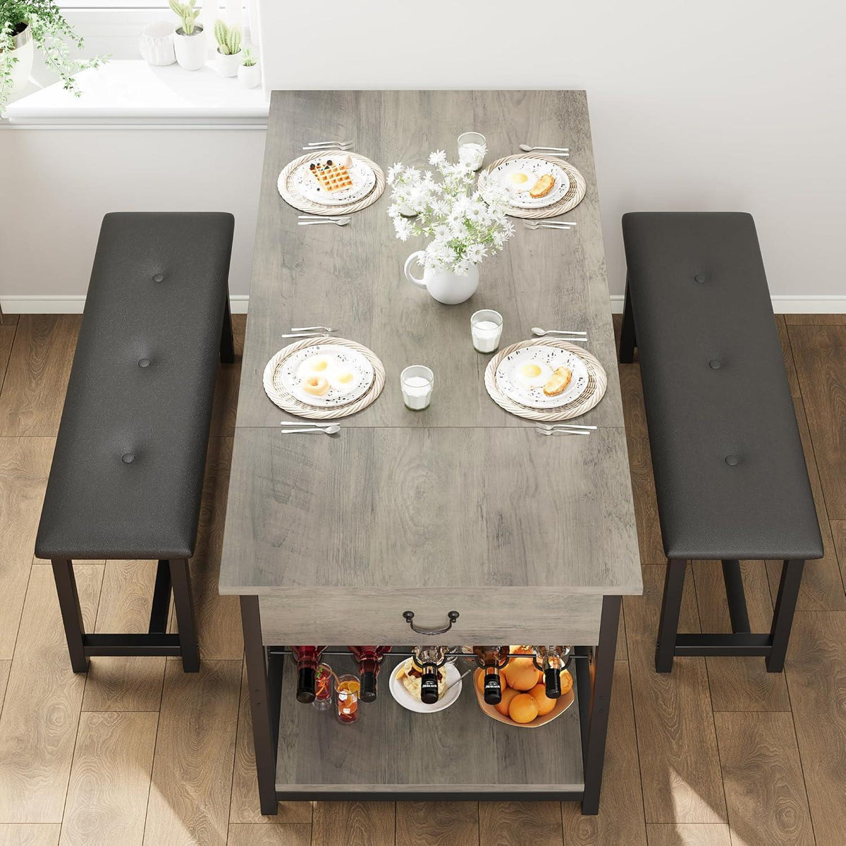 Esszimmer Set Grau: Tisch mit 2 gepolsterten Bänken & Stauraum