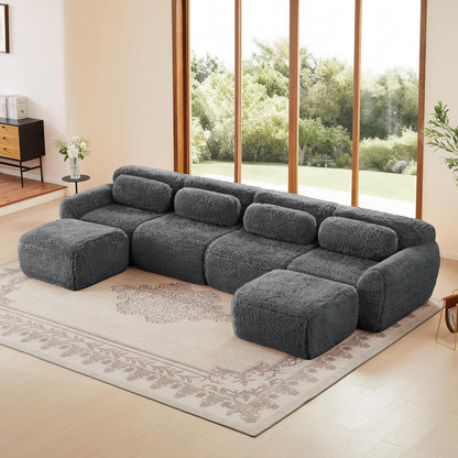 Graues 4-Sitzer Sofa mit Hockern | Modulares Design, Kein Aufbau
