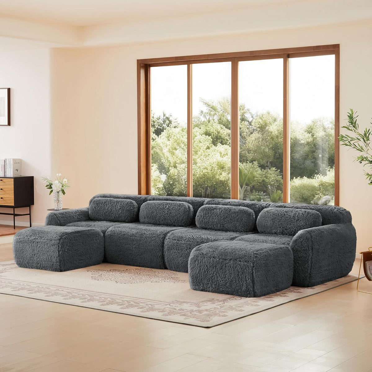 Graues 4-Sitzer Sofa mit Hockern | Modulares Design, Kein Aufbau
