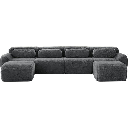 Graues 4-Sitzer Sofa mit Hockern | Modulares Design, Kein Aufbau