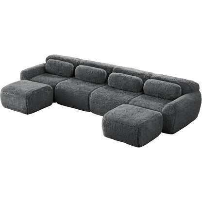 Graues 4-Sitzer Sofa mit Hockern | Modulares Design, Kein Aufbau