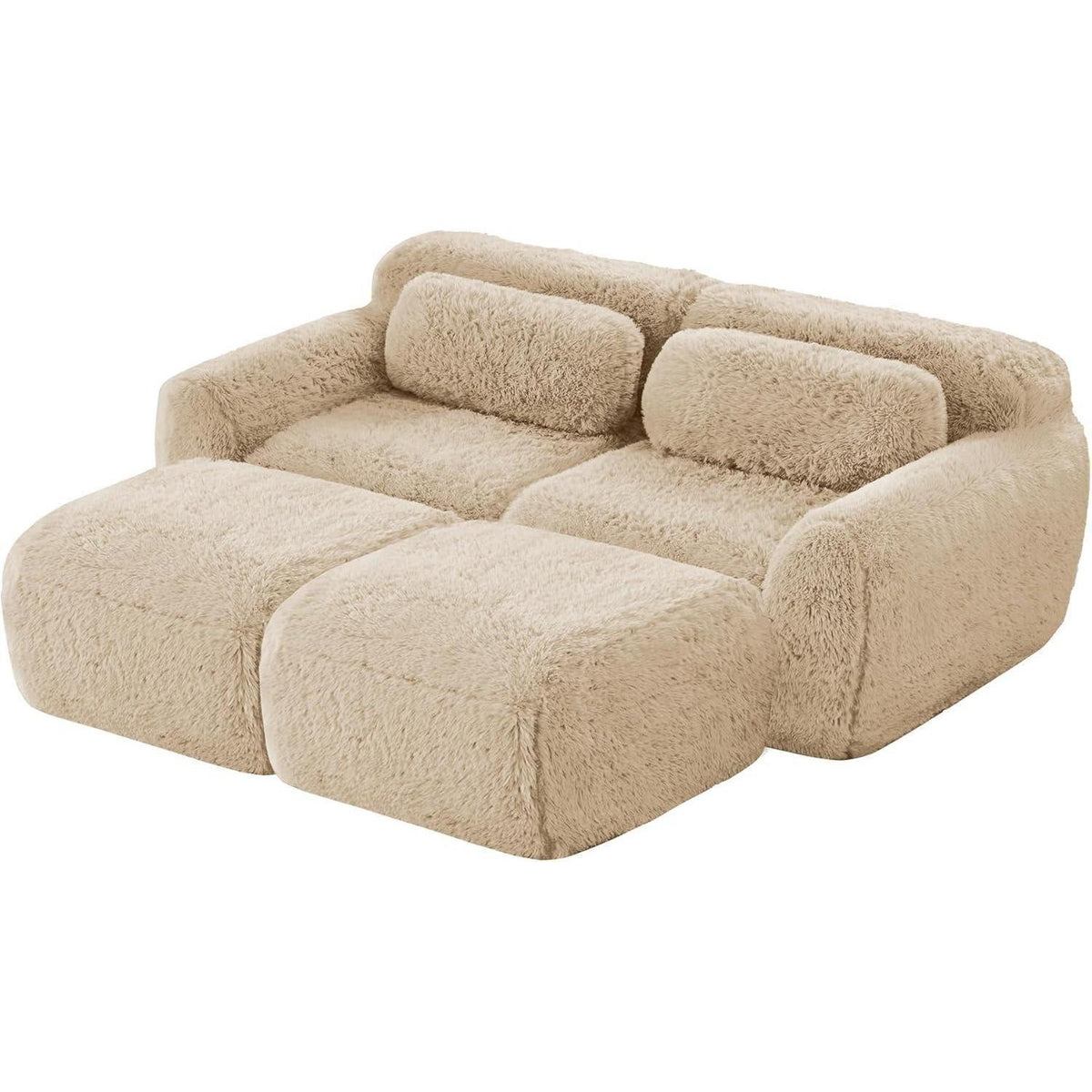 2-Sitzer Sofa mit Hockern & Kissen – Hellkhaki, Modular & Komfortabel
