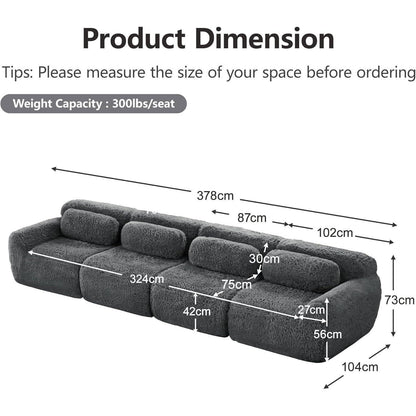 4-Sitzer Sofa Grau | Modulares Design, Kein Aufbau, Plüschstoff