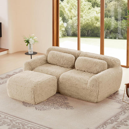 Modulares 2-Sitzer Sofa mit Hocker | L-Form, Plüsch, Hellkhaki