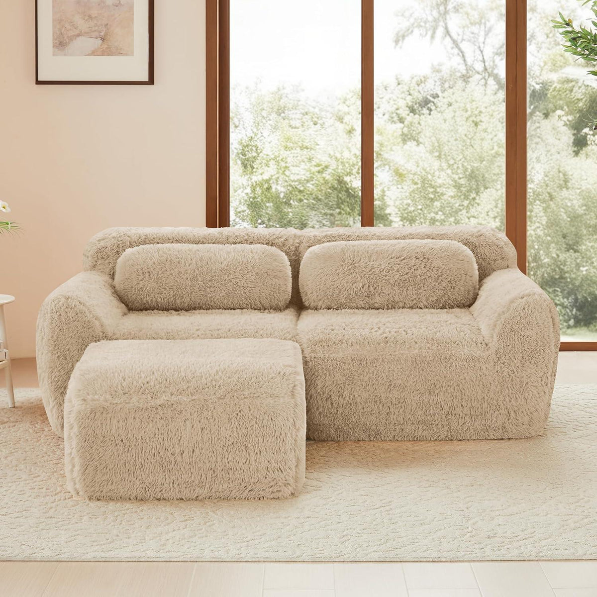 Modulares 2-Sitzer Sofa mit Hocker | L-Form, Plüsch, Hellkhaki