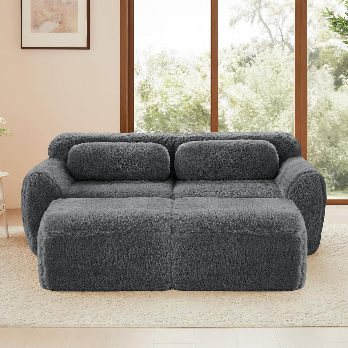 Graues 2-Sitzer Sofa mit Hockern & Kissen – Modular & Montagefrei