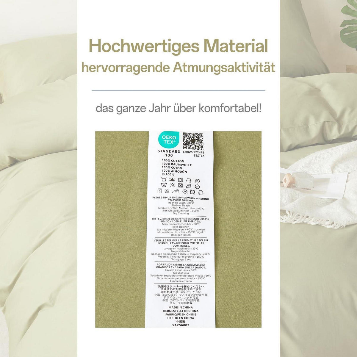 Baumwoll Bettwäsche Set 200x200 cm Oliven Grün 3-teilig