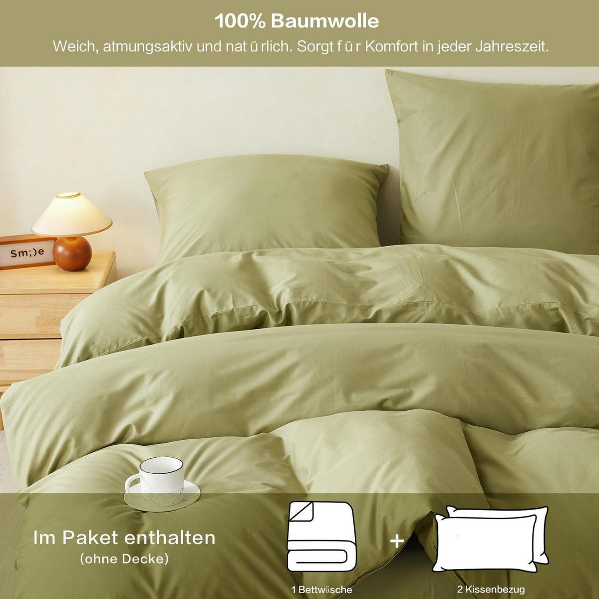 Baumwoll Bettwäsche Set Oliven Grün 200x220cm + 2 Kissenbezüge