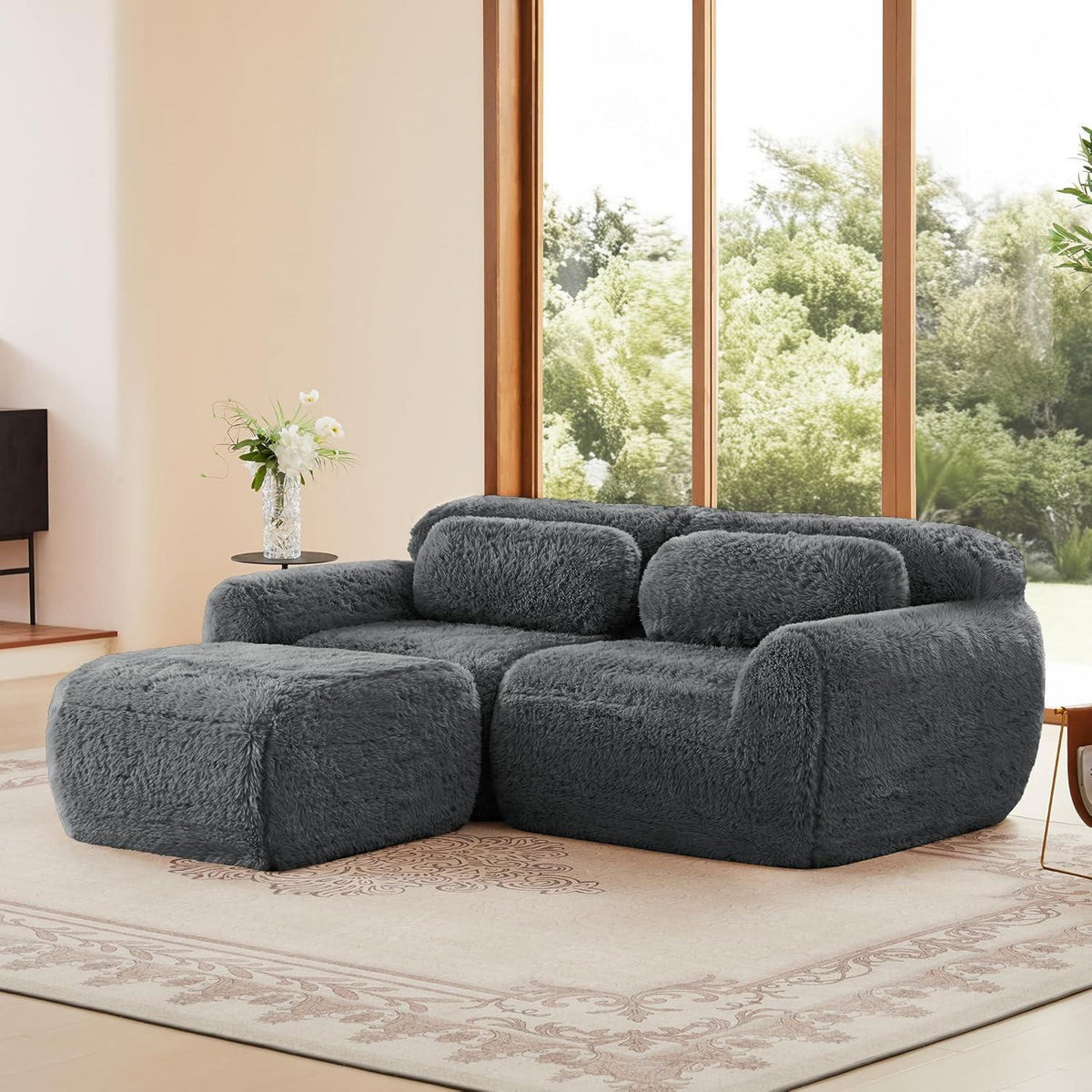 Modulares Sofa 2-Sitzer mit Hocker | Grau, L-Form, Ohne Montage