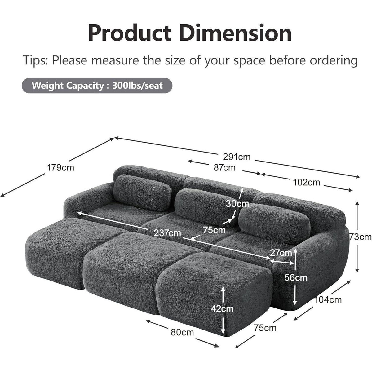 Graues 3-Sitzer Sofa mit Hockern | Modulares Sofa ohne Montage