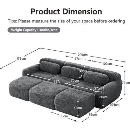 Graues 3-Sitzer Sofa mit Hockern | Modulares Sofa ohne Montage