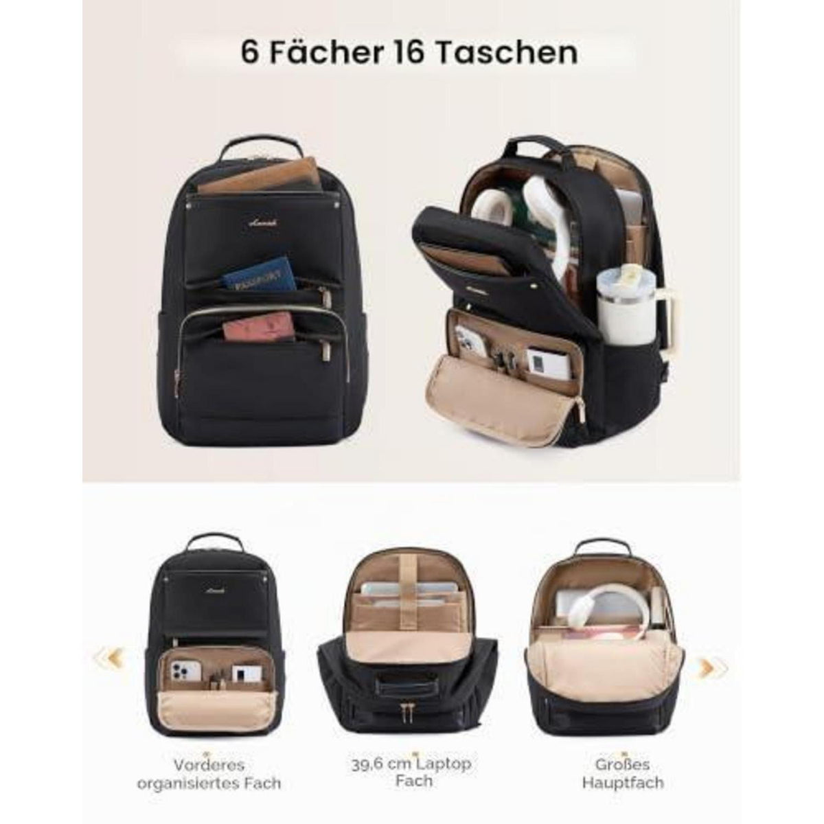 Laptop Rucksack Damen 17,3 Zoll Wasserdicht Travel Schulrucksack Schwarz