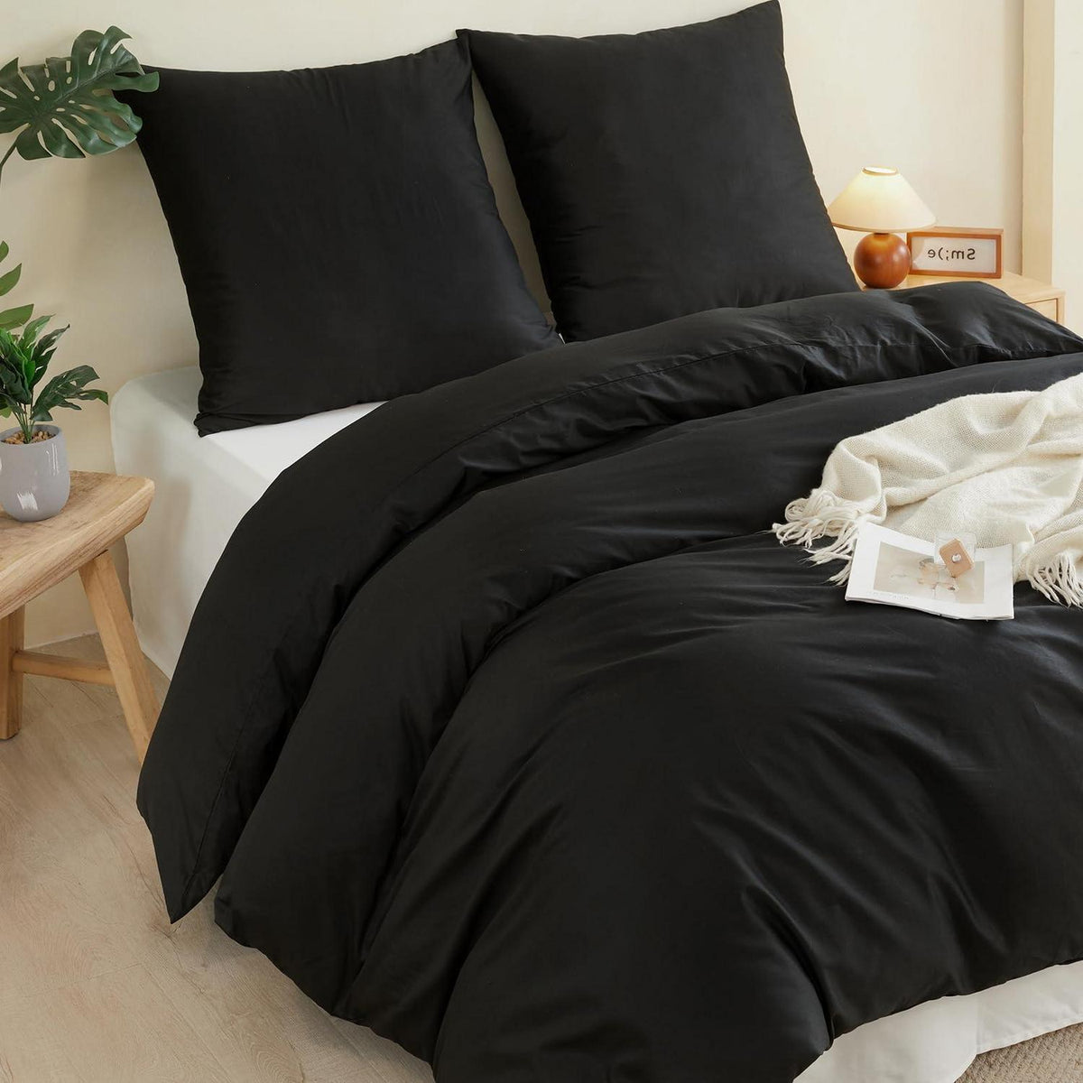 100% Baumwoll Bettwäsche Set Schwarz 200x200cm + 2 Kissenbezüge