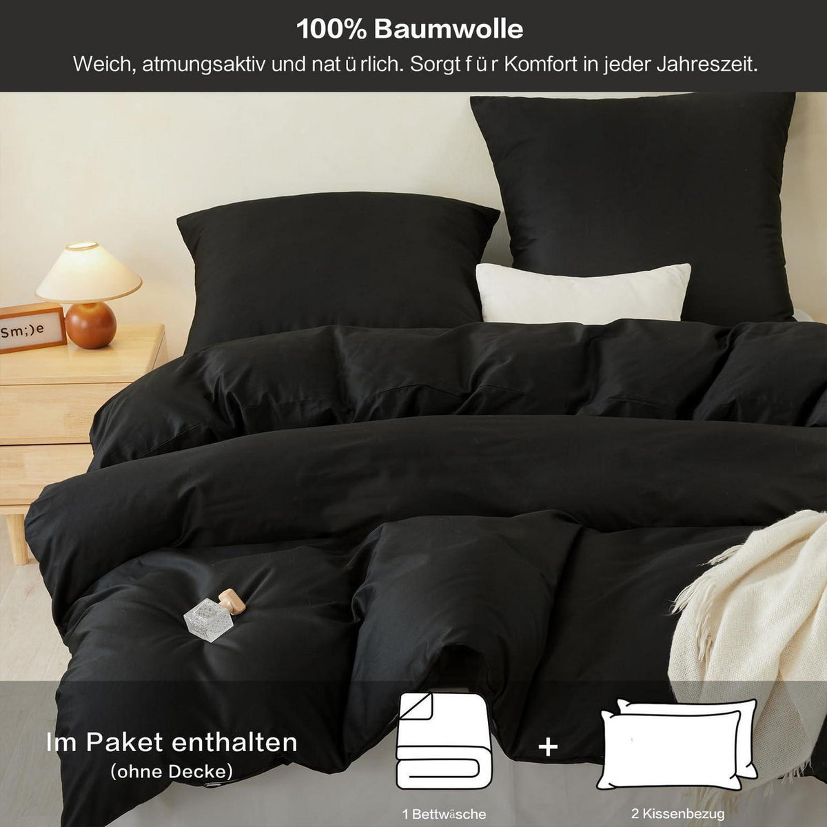 100% Baumwoll Bettwäsche Set Schwarz 200x200cm + 2 Kissenbezüge