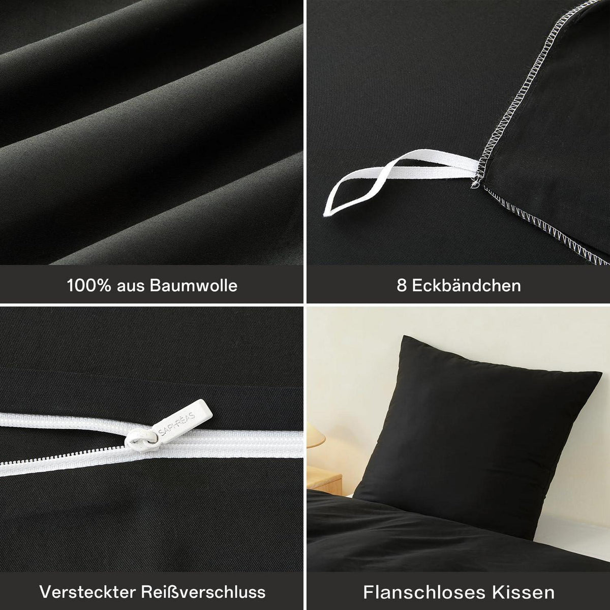 100% Baumwoll Bettwäsche Set Schwarz 200x200cm + 2 Kissenbezüge