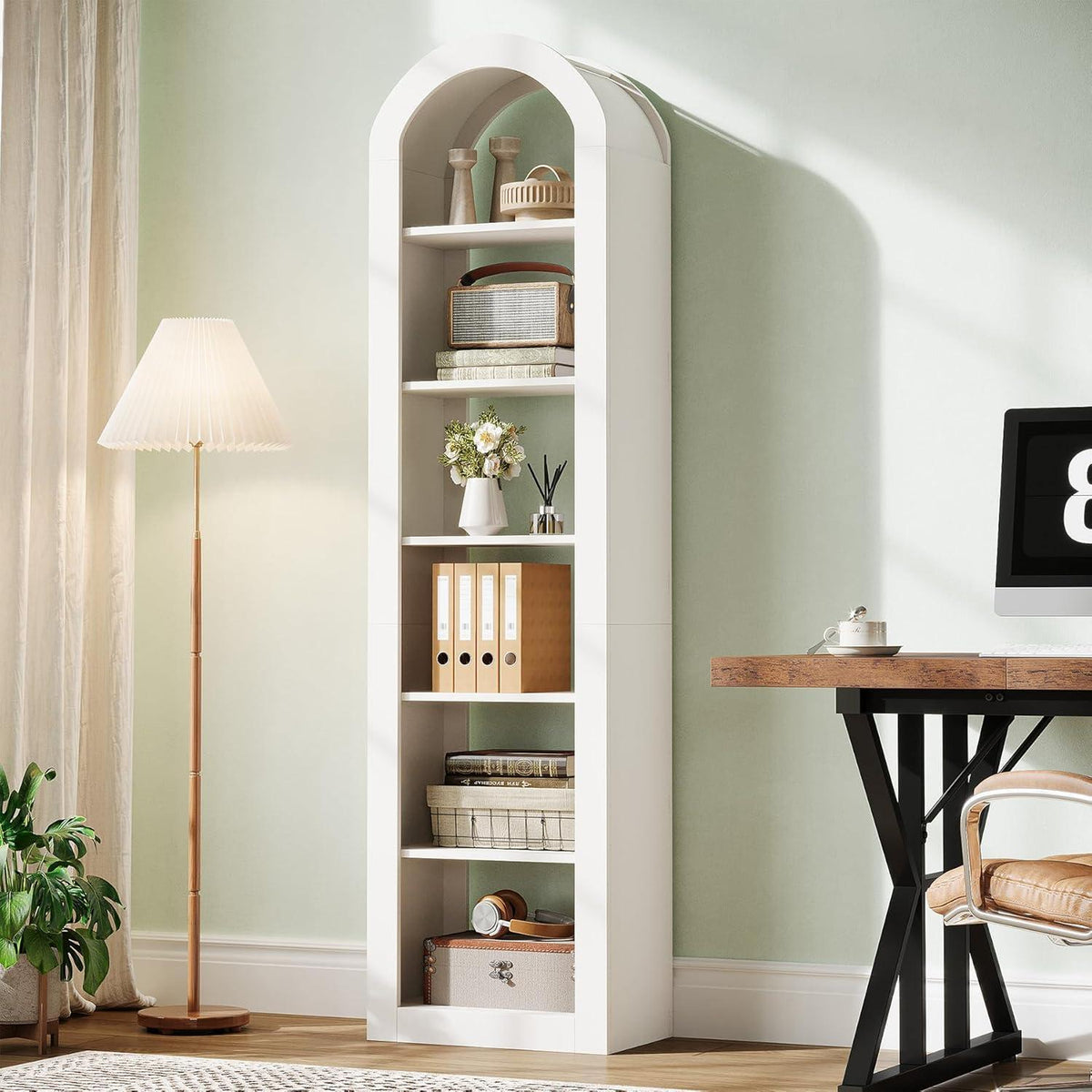 6-stöckiges Bücherregal mit Bogen | Weißes Eckregal für Wohnzimmer