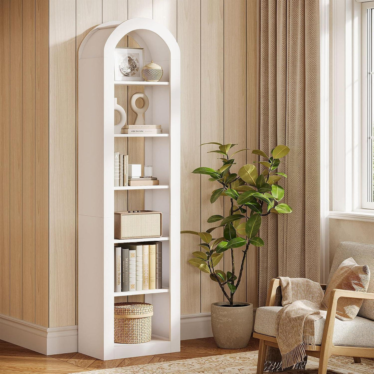 6-stöckiges Bücherregal mit Bogen | Weißes Eckregal für Wohnzimmer