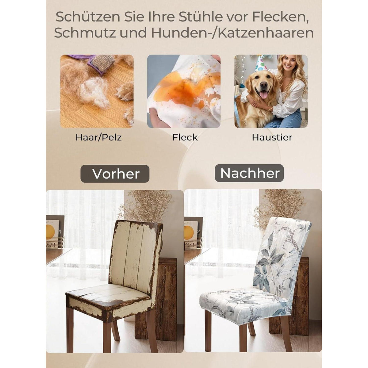 6er Set Stuhlhussen Grau Blätter-Muster – Stretch & Waschbar