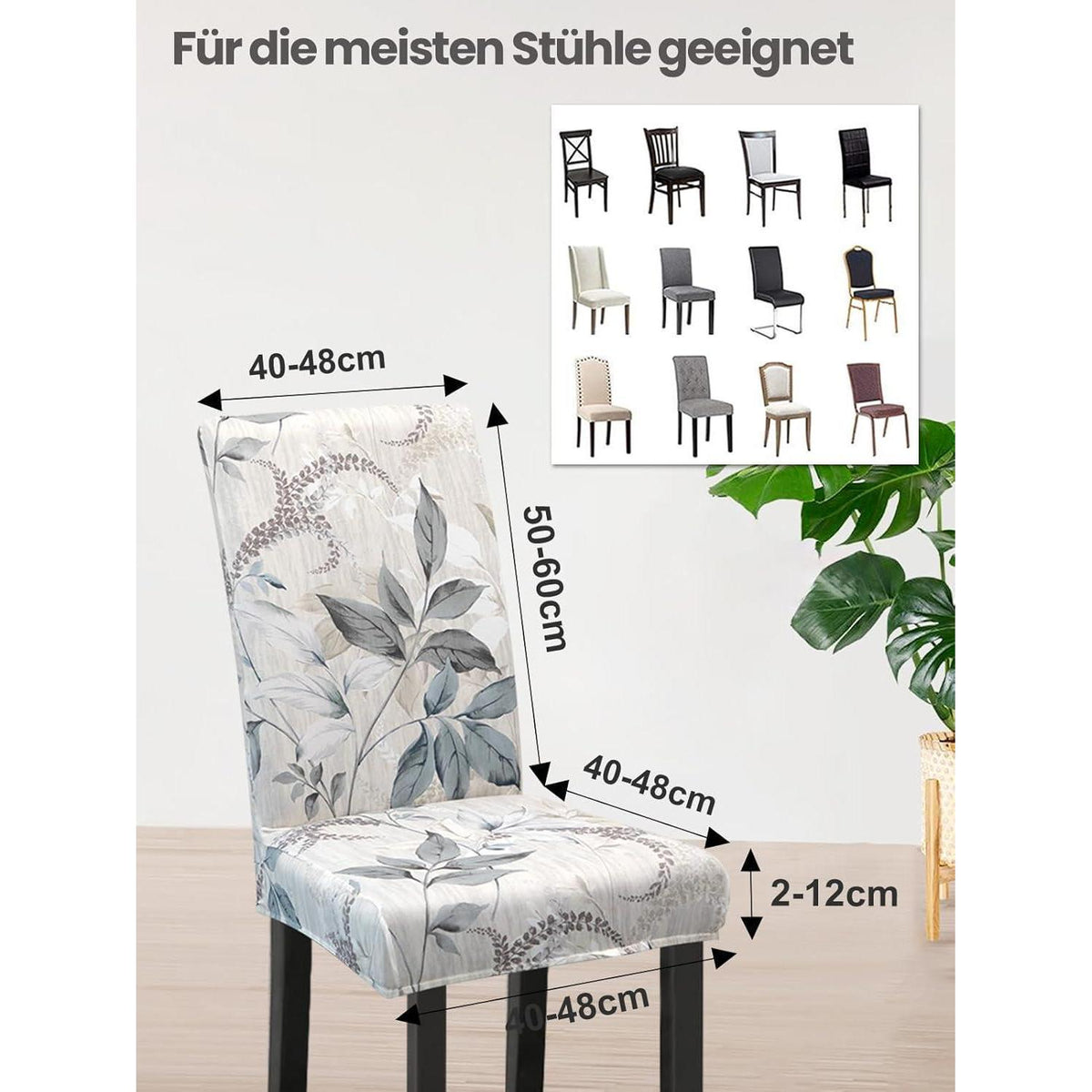 6er Set Stuhlhussen Grau Blätter-Muster – Stretch & Waschbar