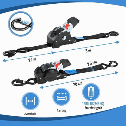 Selbstaufrollende Spanngurte 3m – 4er Set für Anhänger & Motorrad