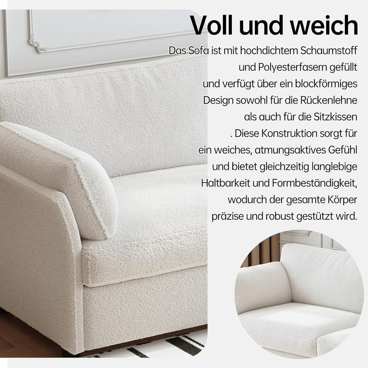 Modernes 2er Stoffsofa – Cremeweiß, 186 cm