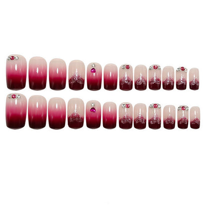 Künstliche Nägel Rot French Tips kurz quadratisch mit Herz-Strass