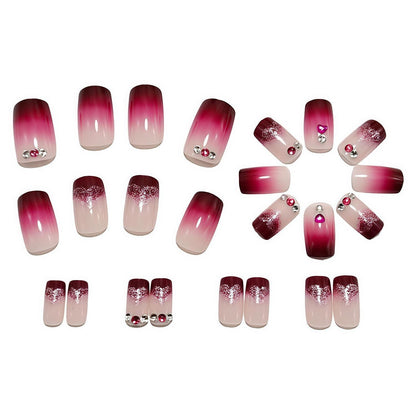Künstliche Nägel Rot French Tips kurz quadratisch mit Herz-Strass