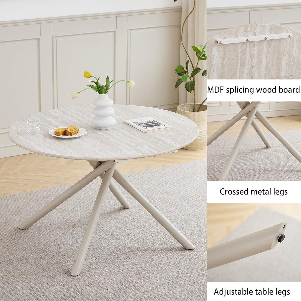 Runde Essgruppe Holz 115cm mit 4 gepolsterten Stühlen