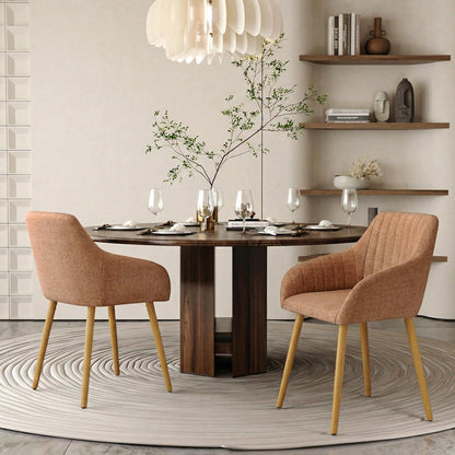 Esszimmerstühle Set 6 beige Holzbeine mit Armlehne & Samt