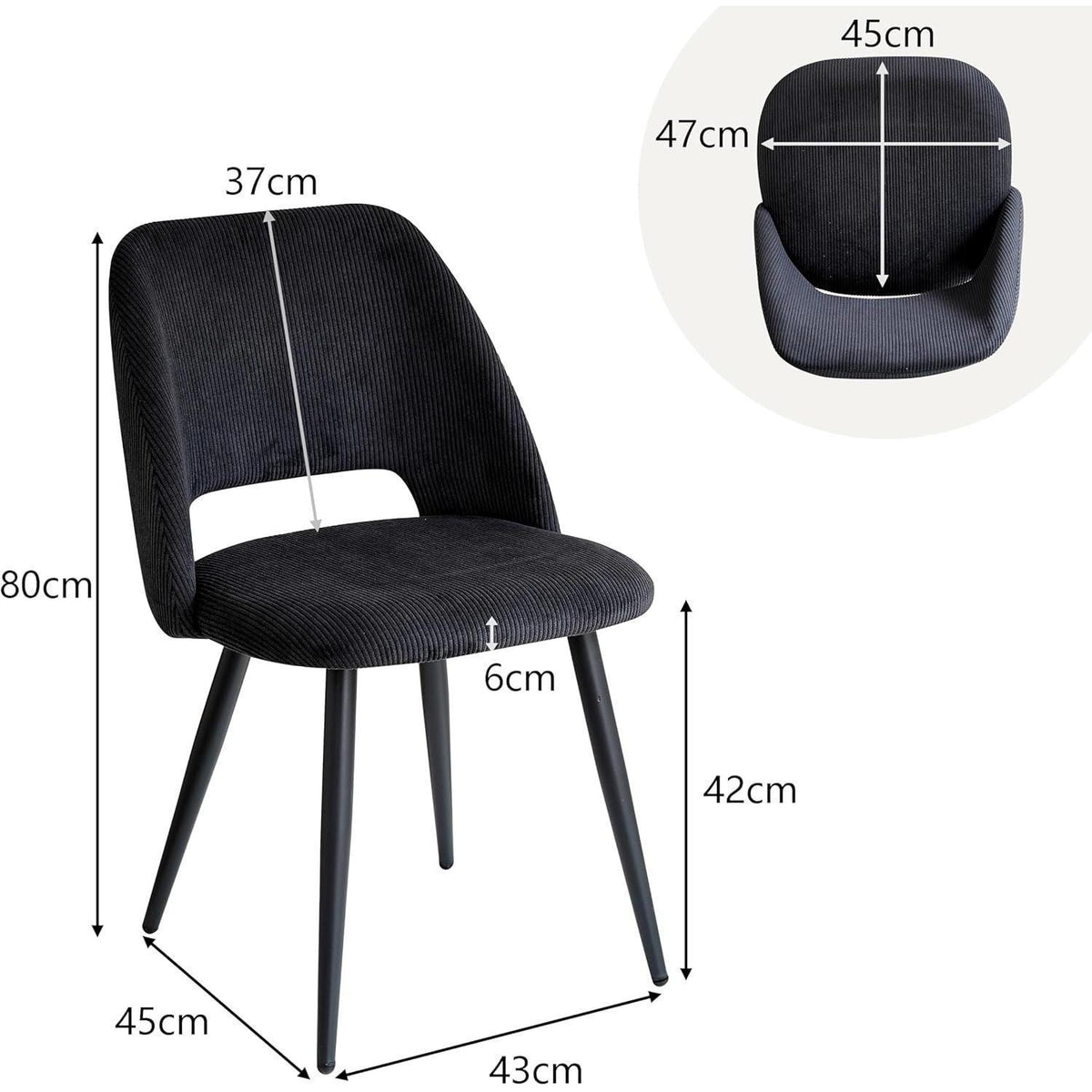 6 Esszimmerstühle mit Cordbezug, Schwarz