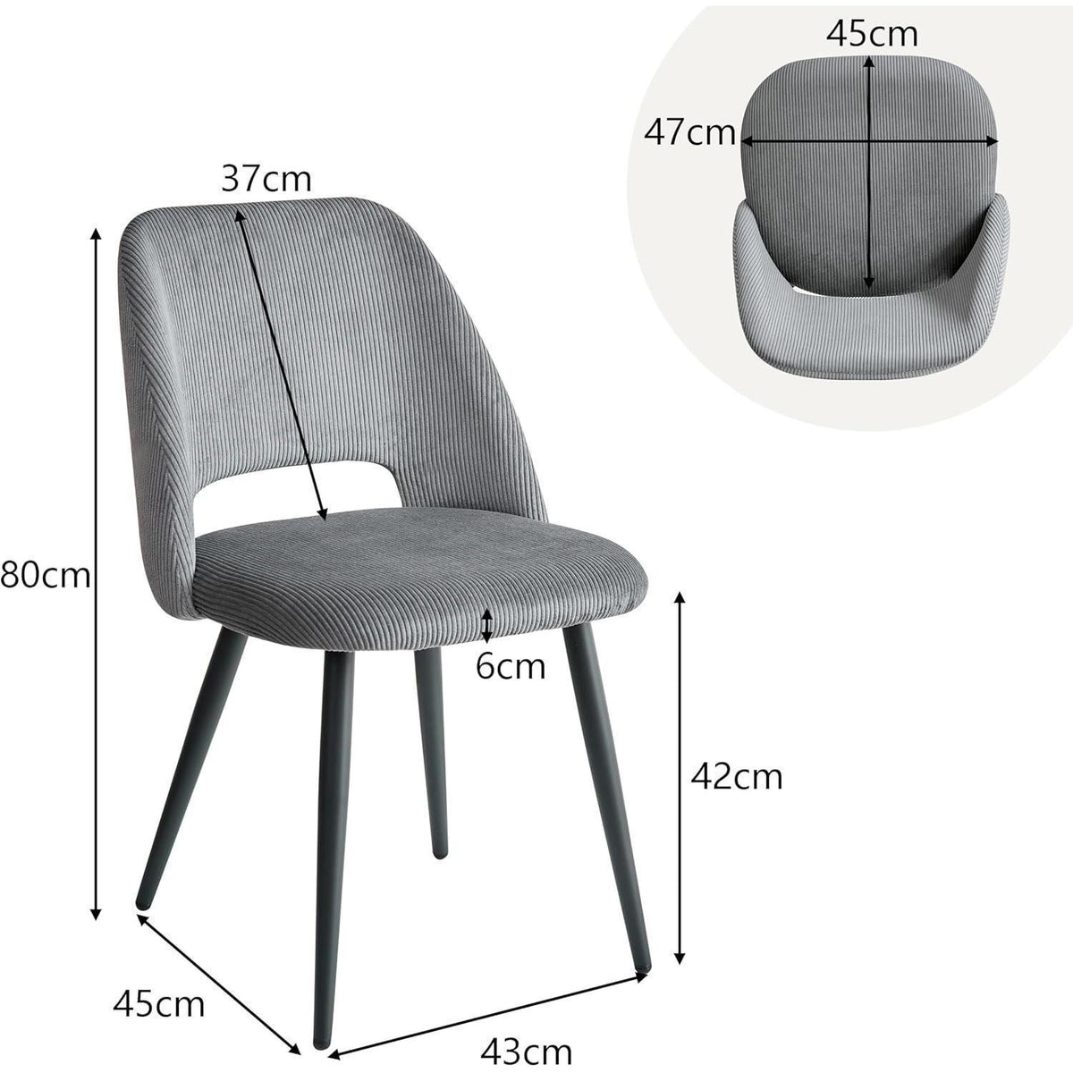 2er-Set Esszimmerstühle Grau, Cordbezug & Metallbeine