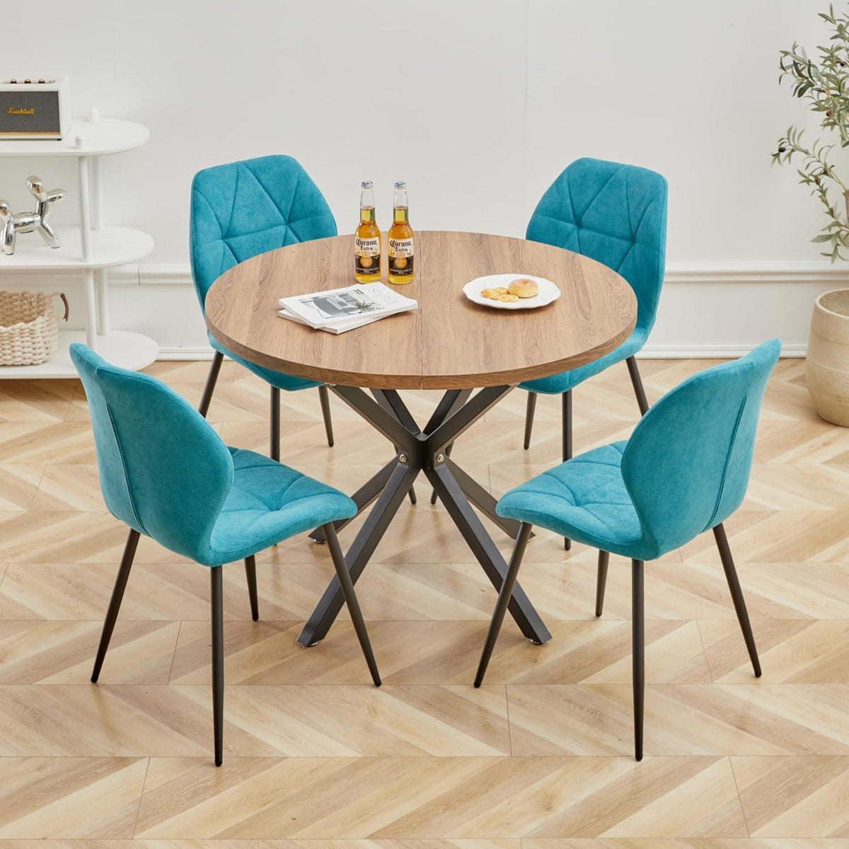 6 Esszimmerstühle Leinenstoff, gepolstert, blau