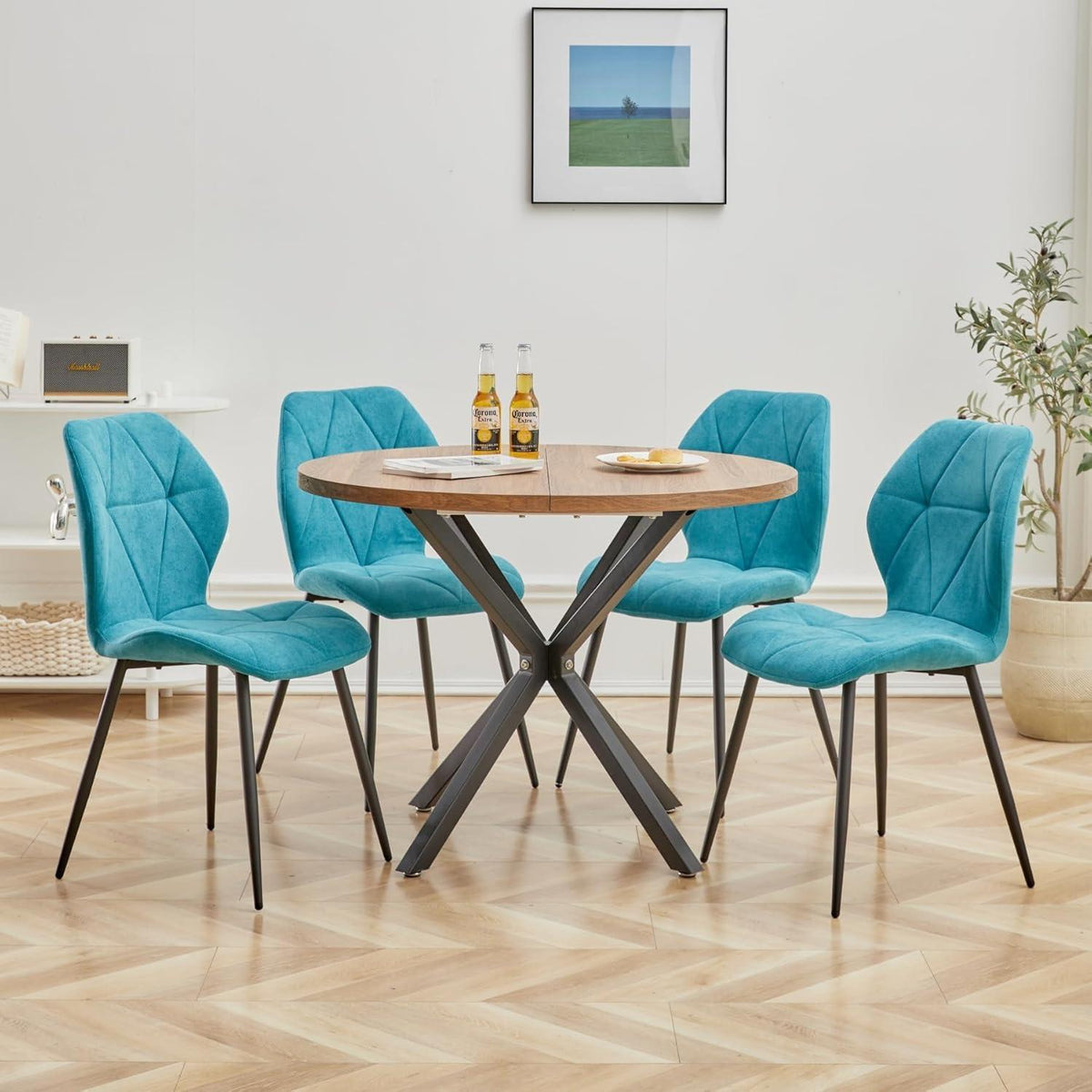6 Esszimmerstühle Leinenstoff, gepolstert, blau