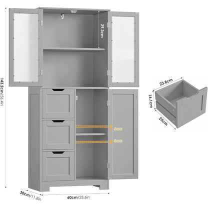 Hochschrank Badezimmerschrank mit 3 Türen & Schubladen Grau