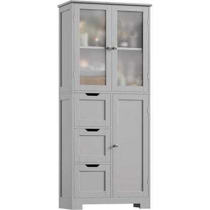 Hochschrank Badezimmerschrank mit 3 Türen & Schubladen Grau